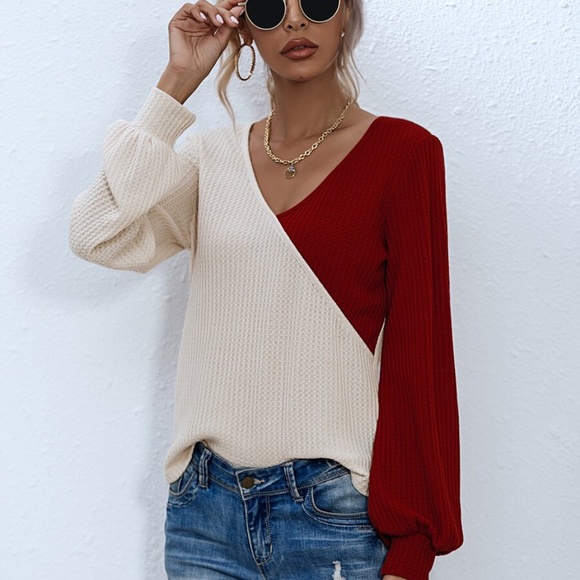 Boho waffle knit color block long sleeve top RED - Picture 2 of 4